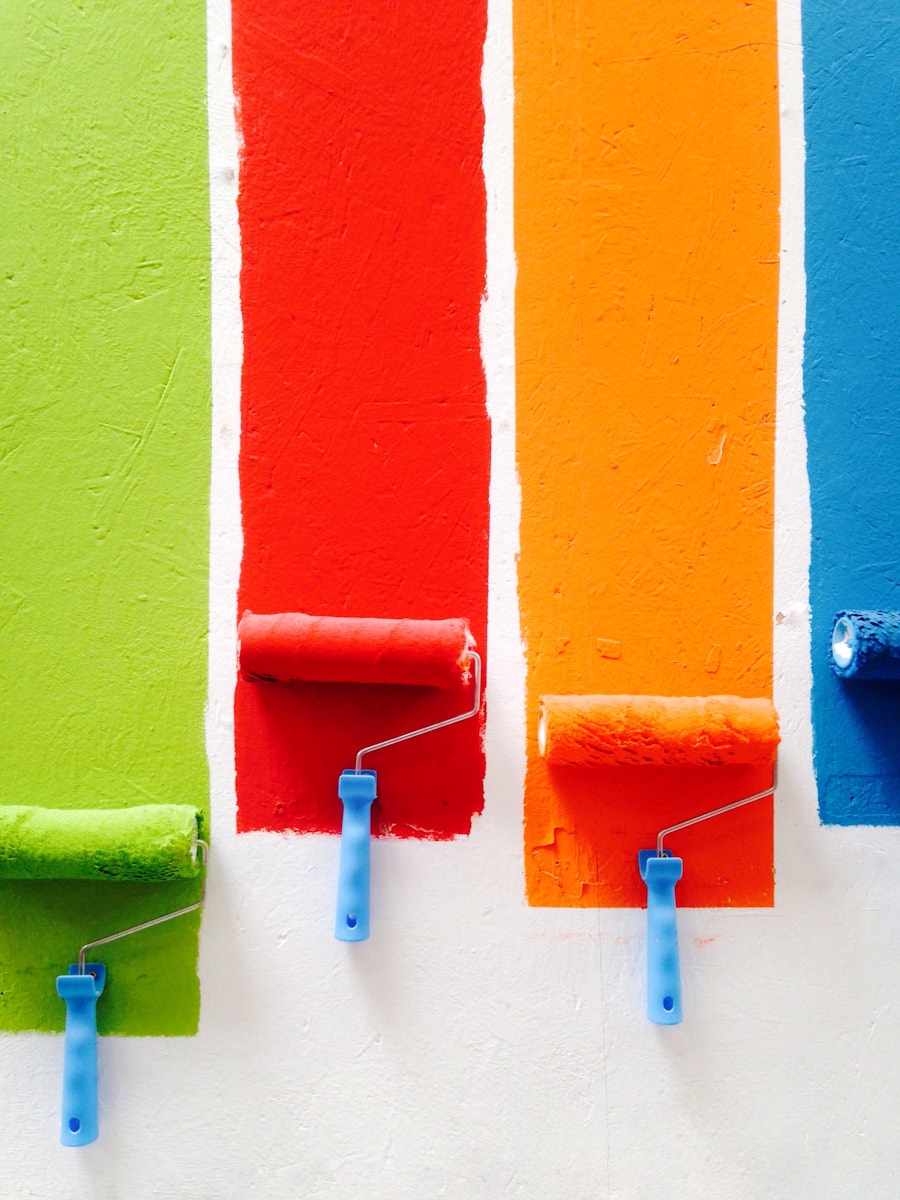 Paint tools arranged on a work surface